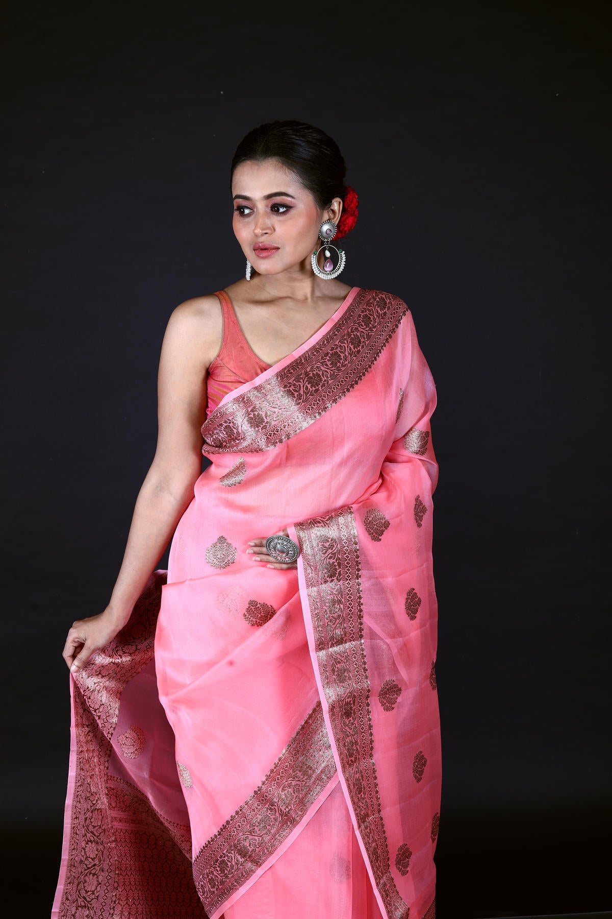 Pink Pure Organza Silk Banarasi Handloom Saree with Zari work