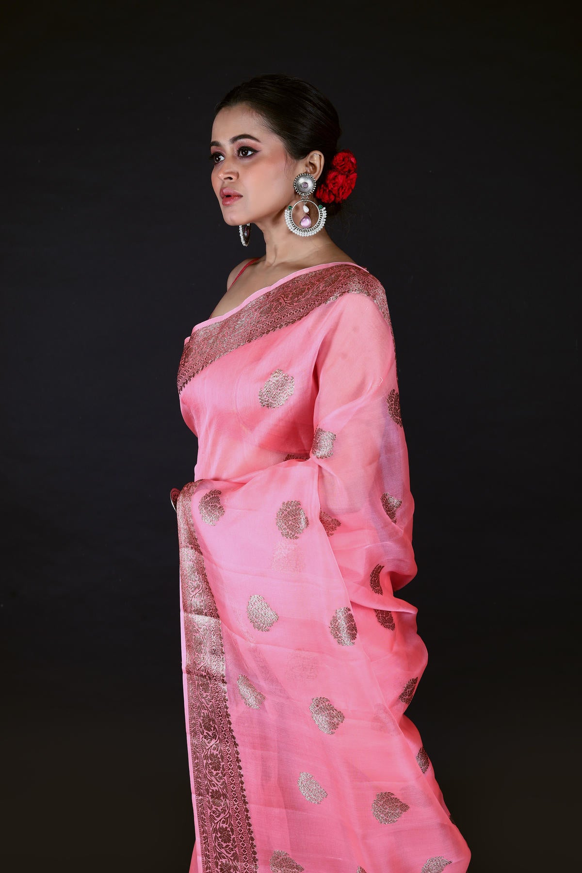 Pink Pure Organza Silk Banarasi Handloom Saree with Zari work