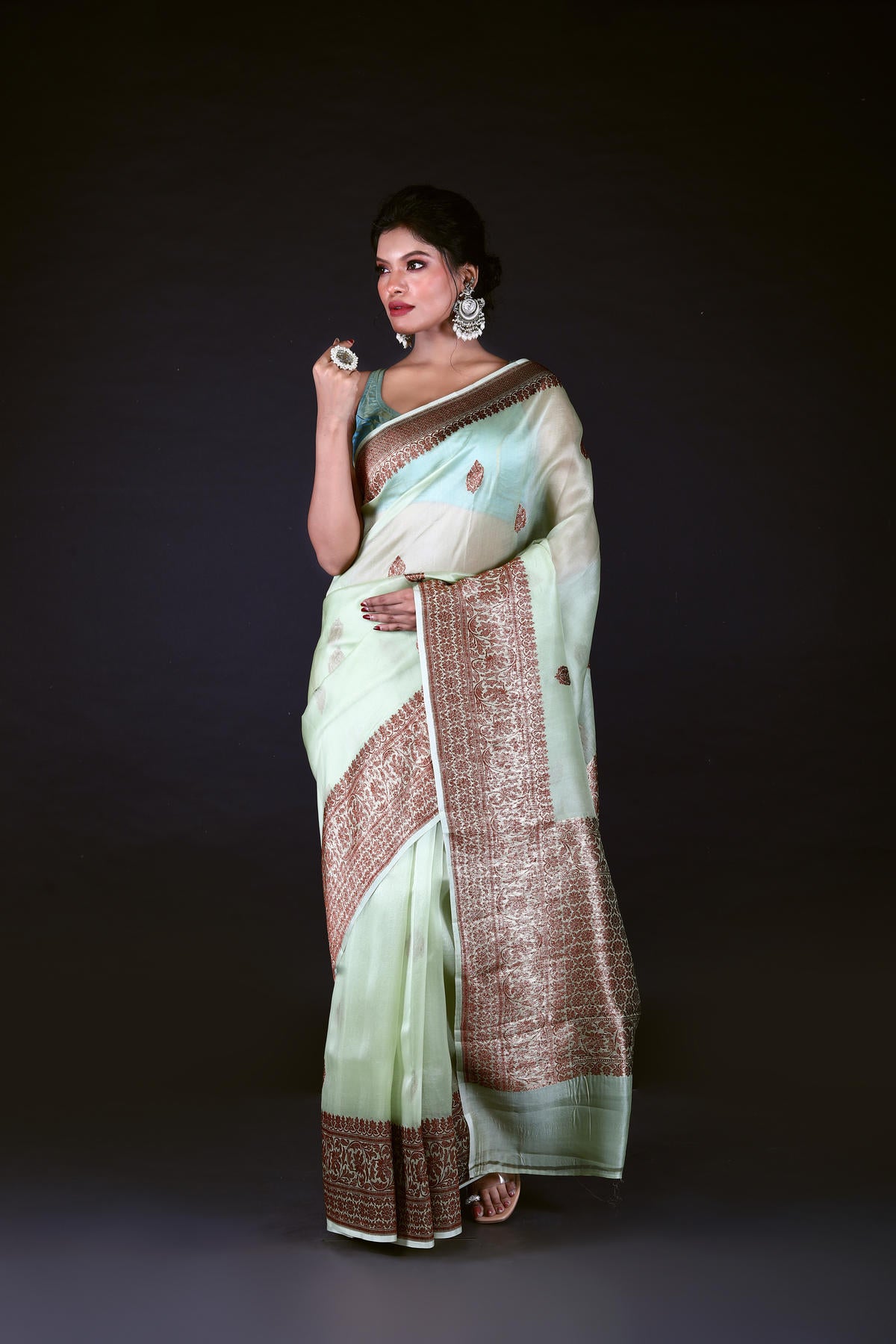 Pista Pure Organza Silk Banarasi Handloom Saree with Zari work