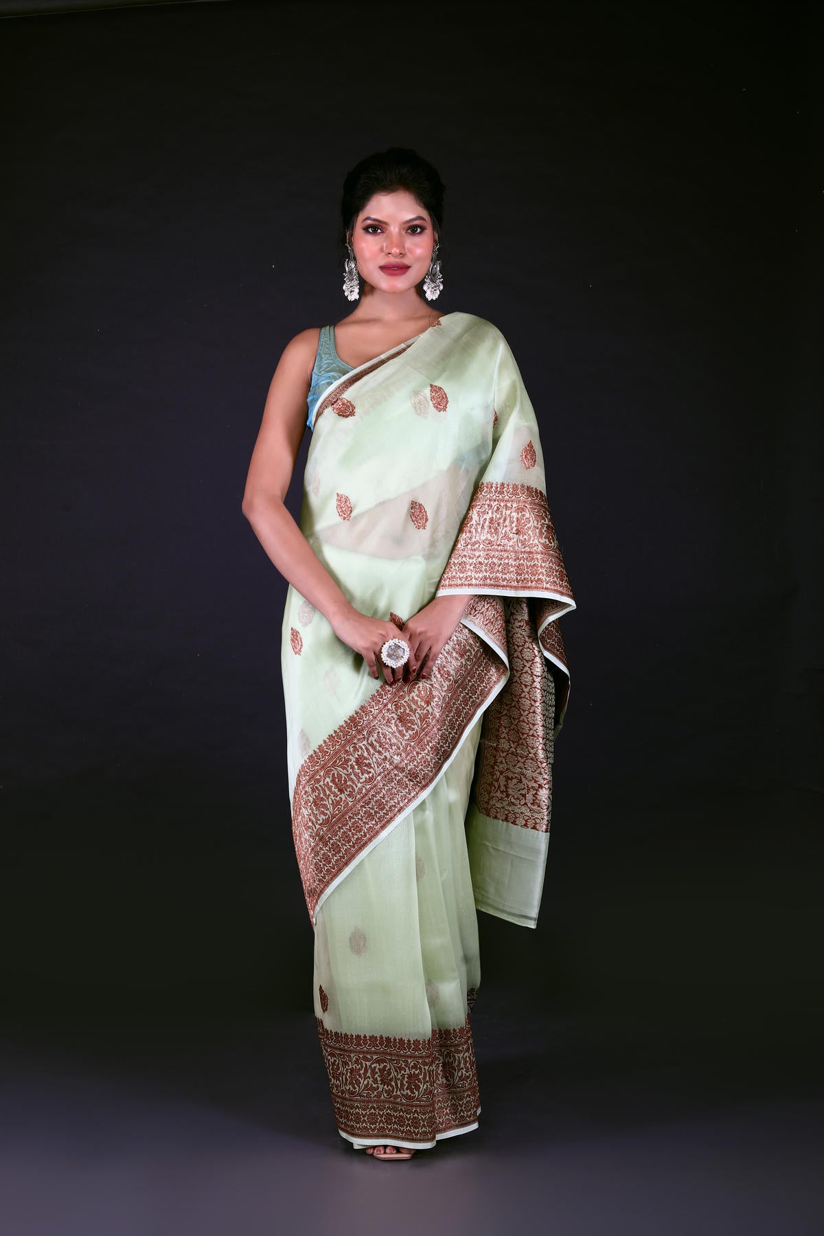 Pista Pure Organza Silk Banarasi Handloom Saree with Zari work