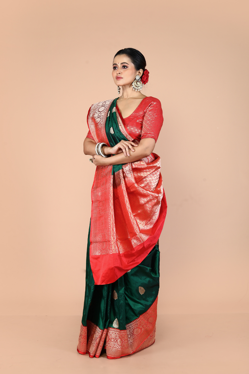 Bottle Green-Red Pure Katan Silk Banarasi Handloom Saree with Zari work