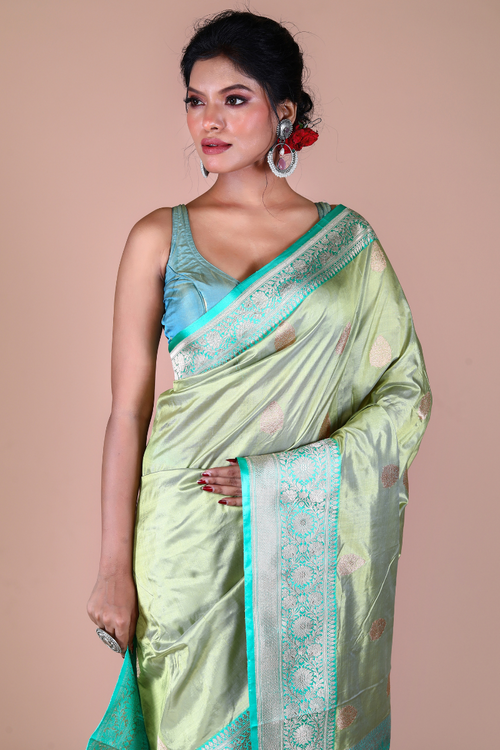 Pista Green Pure Katan Silk Banarasi Handloom Saree with Zari work