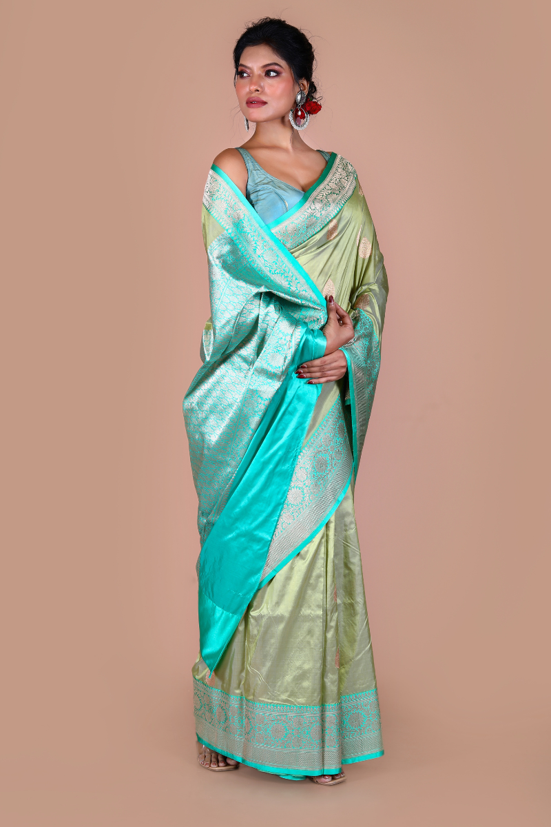 Pista Green Pure Katan Silk Banarasi Handloom Saree with Zari work