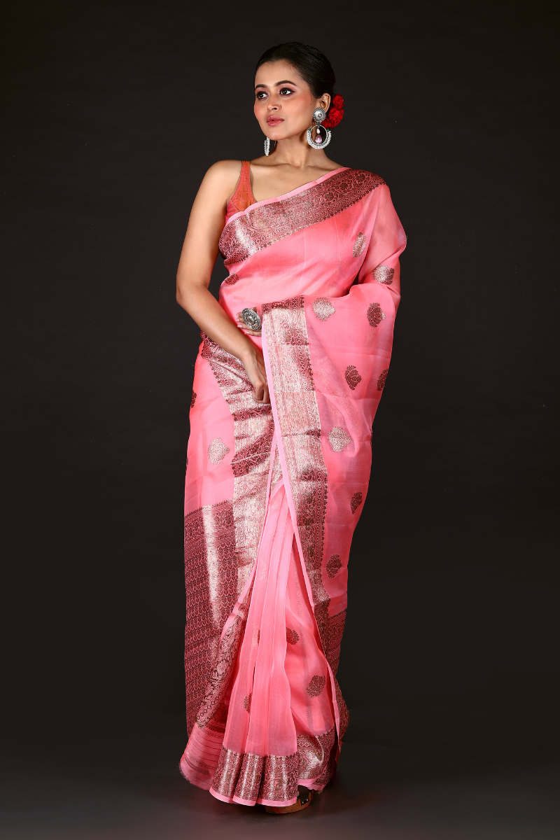 Pink Pure Organza Silk Banarasi Handloom Saree with Zari work