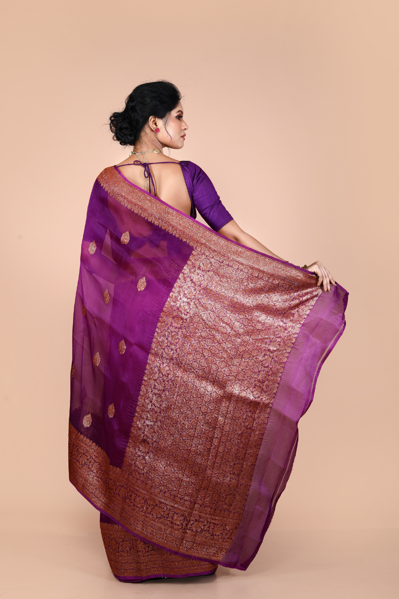 Purple Pure Organza Silk Banarasi Handloom Saree with Zari work