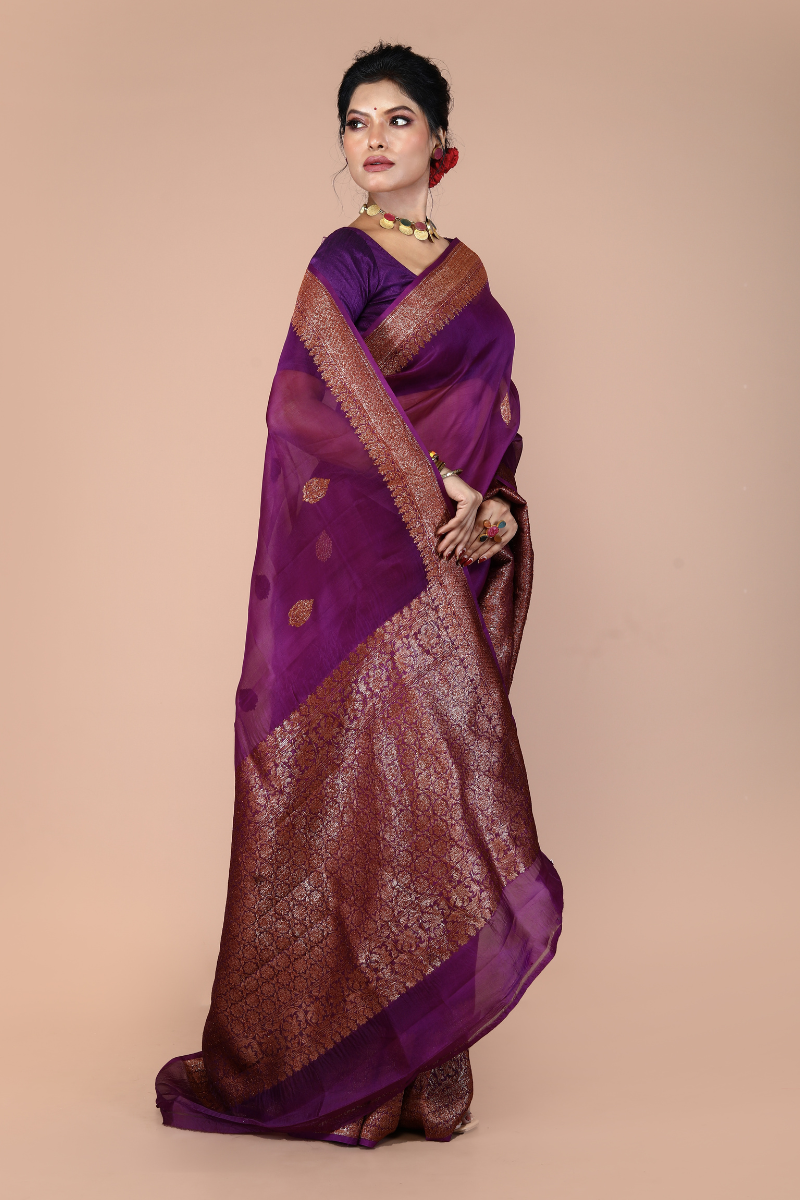 Purple Pure Organza Silk Banarasi Handloom Saree with Zari work
