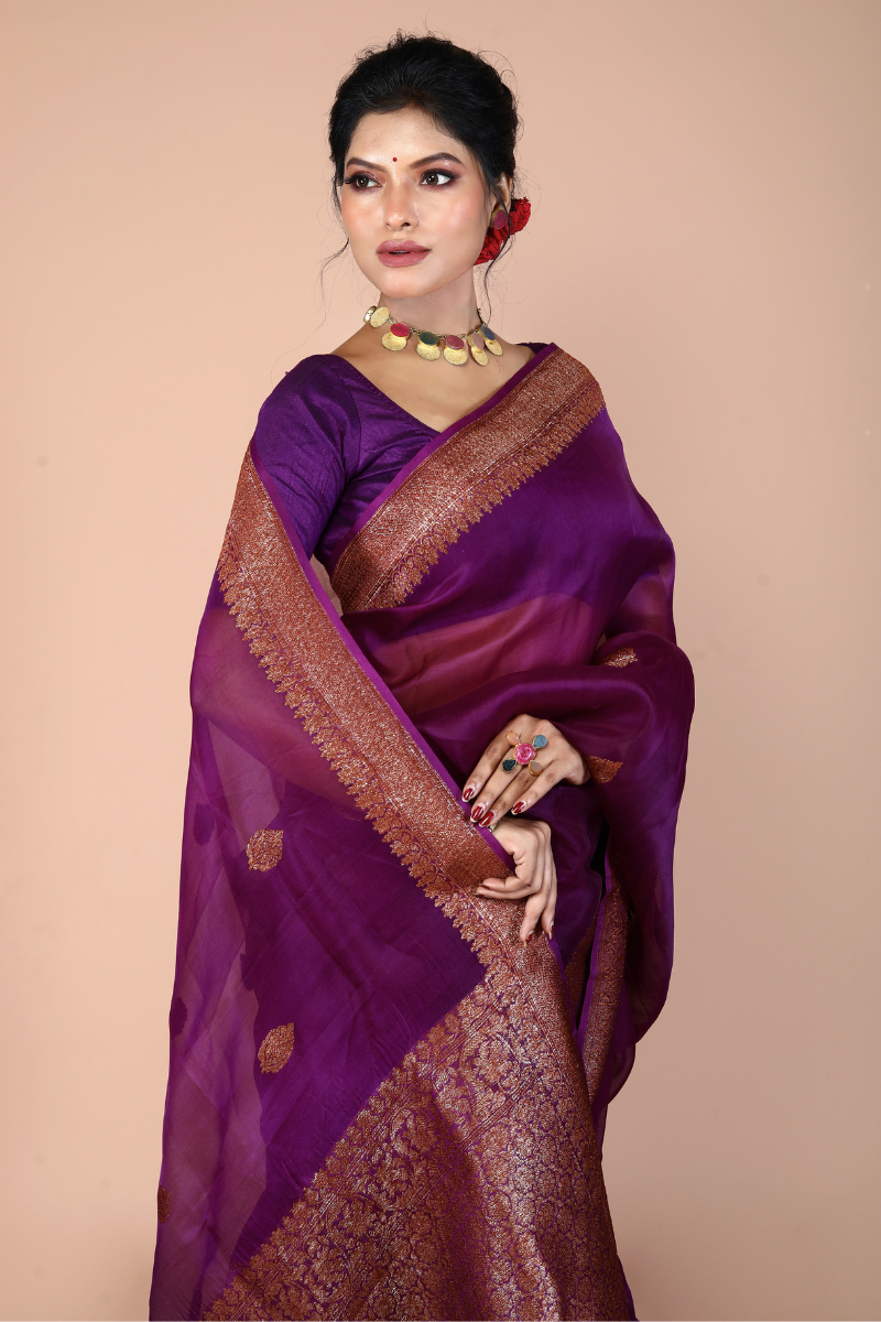 Purple Pure Organza Silk Banarasi Handloom Saree with Zari work