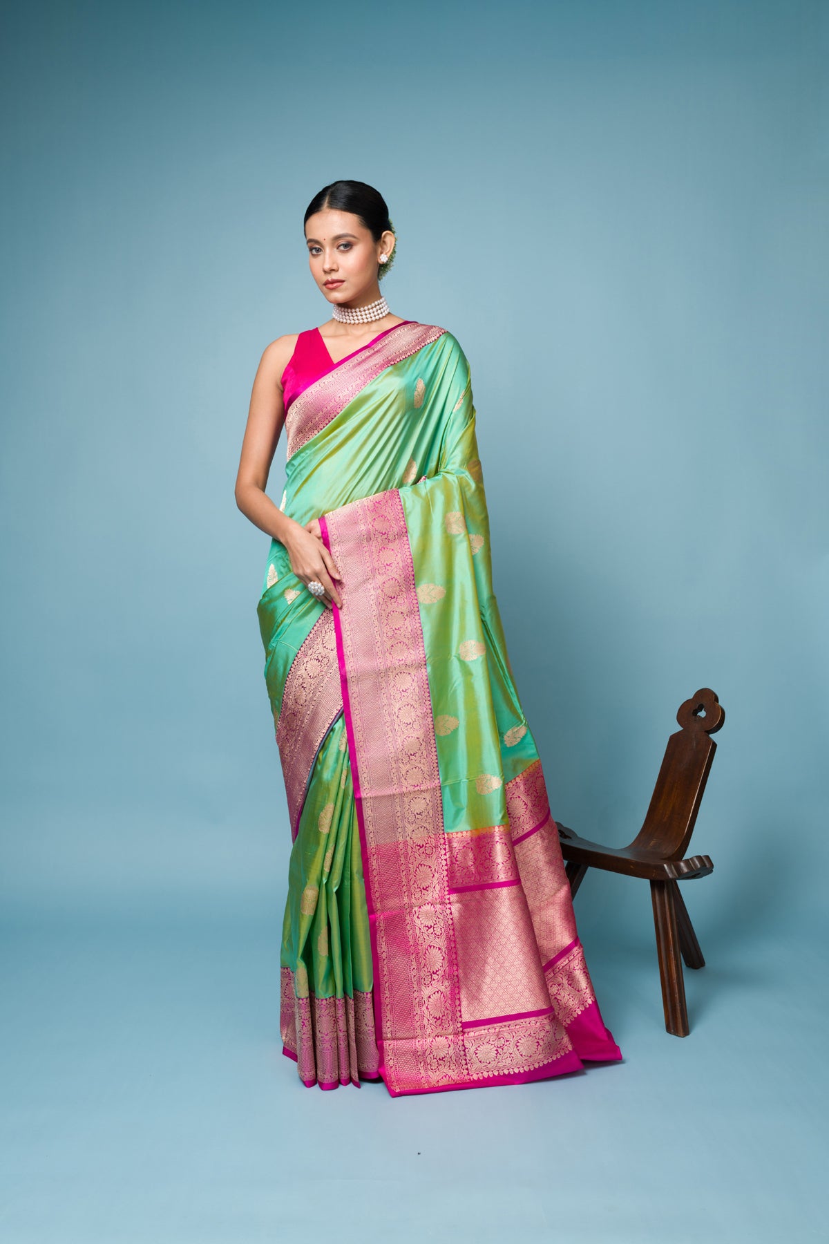 Pink Firoji Pure Katan Silk Banarasi Handloom Saree with Zari work