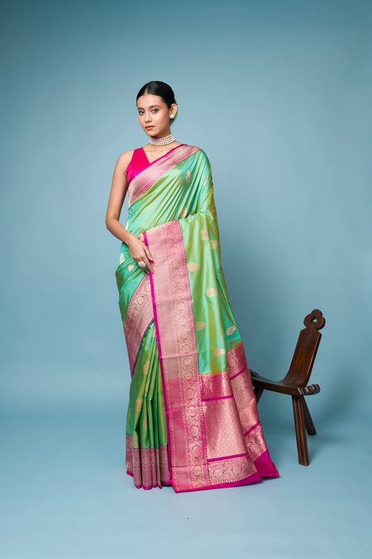 Pink Firoji Pure Katan Silk Banarasi Handloom Saree with Zari work