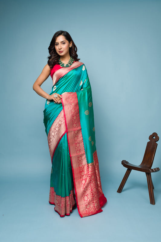 Red Firoji Pure Katan Silk Banarasi Handloom Saree with Zari work