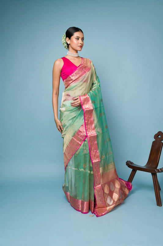 Pink Blue Pure Tissue Silk Banarasi Handloom Saree with Zari work