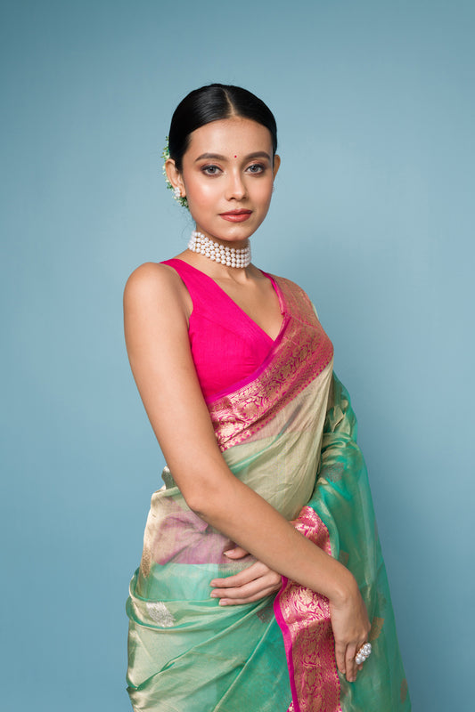 Pink Blue Pure Tissue Silk Banarasi Handloom Saree with Zari work