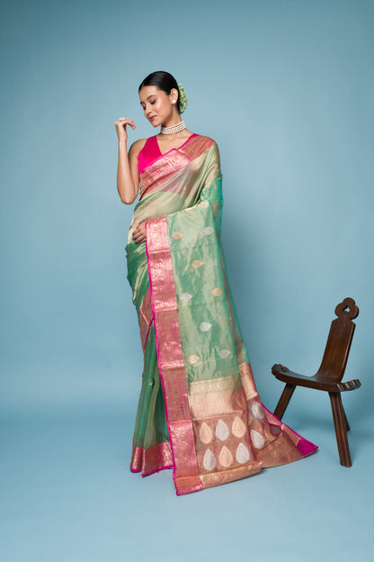 Pink Blue Pure Tissue Silk Banarasi Handloom Saree with Zari work