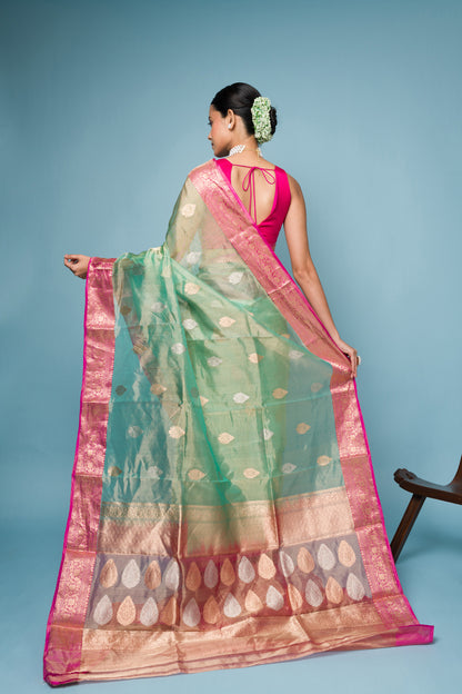 Pink Blue Pure Tissue Silk Banarasi Handloom Saree with Zari work