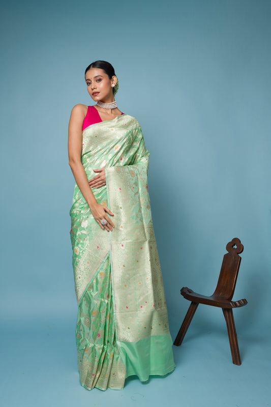 Pista color Meena Pure Katan Silk Banarasi Handloom Saree with Zari work