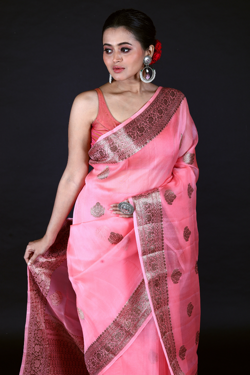 Pink Pure Organza Silk Banarasi Handloom Saree with Zari work