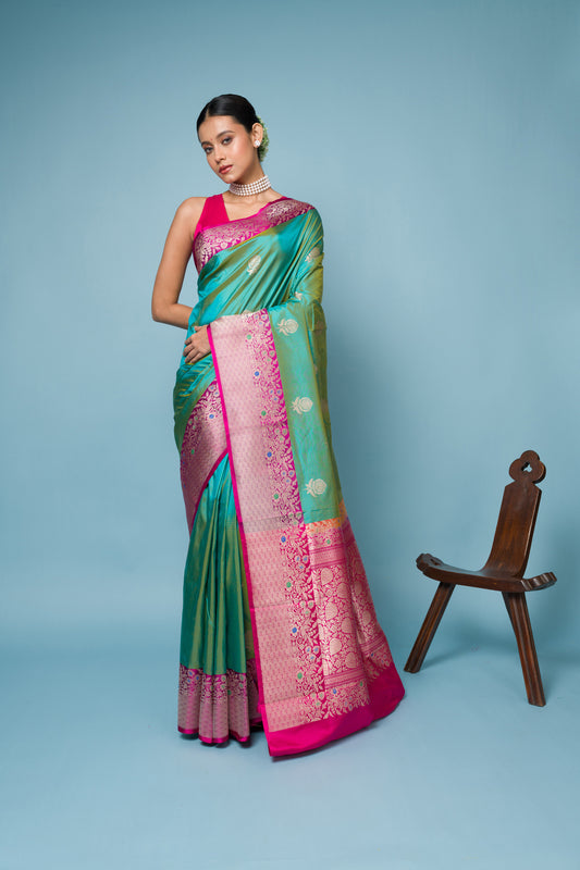 Pink Firoji Pure Katan Silk Banarasi Handloom Saree with Zari work