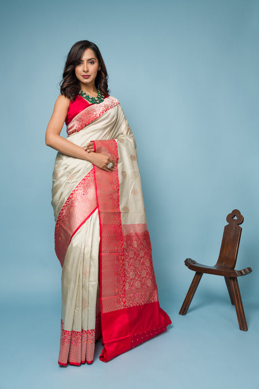 White Red Pure Katan Silk Banarasi Handloom Saree with Zari work