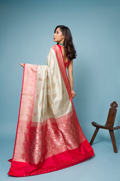 White Red Pure Katan Silk Banarasi Handloom Saree with Zari work