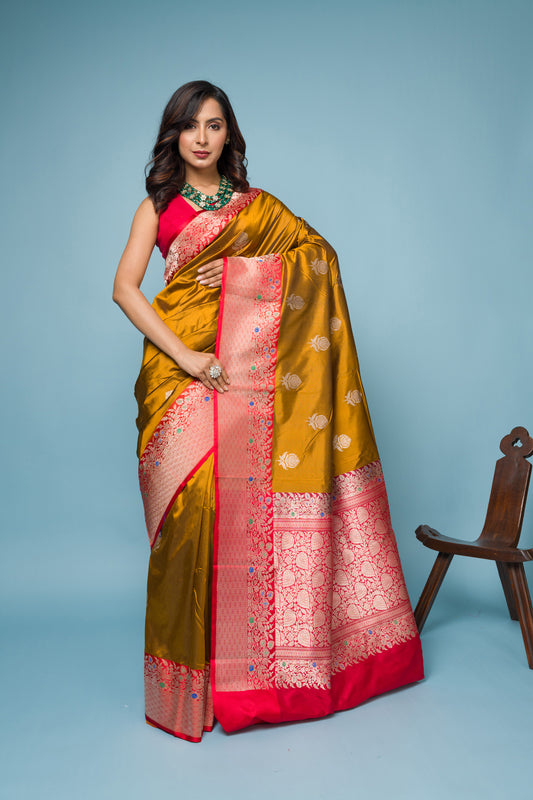 Red Musard Pure Katan Silk Banarasi Handloom Saree with Zari work