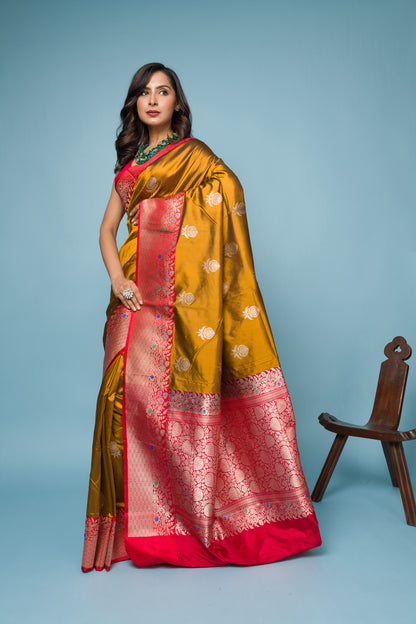 Red Musard Pure Katan Silk Banarasi Handloom Saree with Zari work