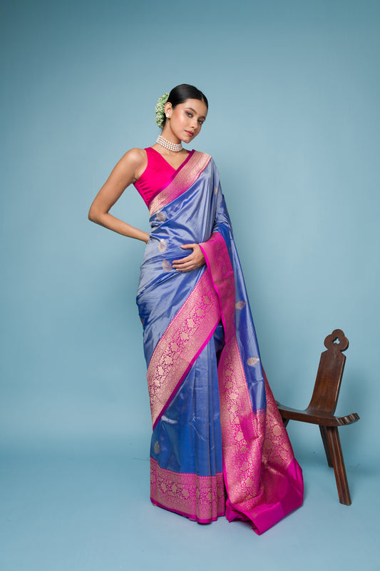 Blue Pink Pure Tissue Silk Banarasi Handloom Saree with Zari work