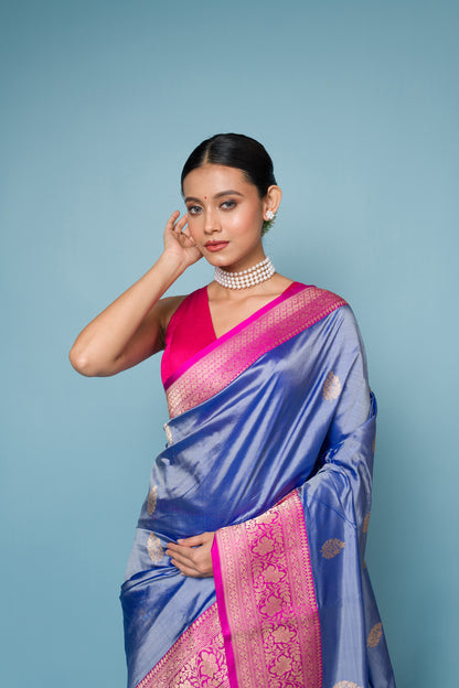 Blue Pink Pure Tissue Silk Banarasi Handloom Saree with Zari work