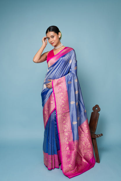 Blue Pink Pure Tissue Silk Banarasi Handloom Saree with Zari work