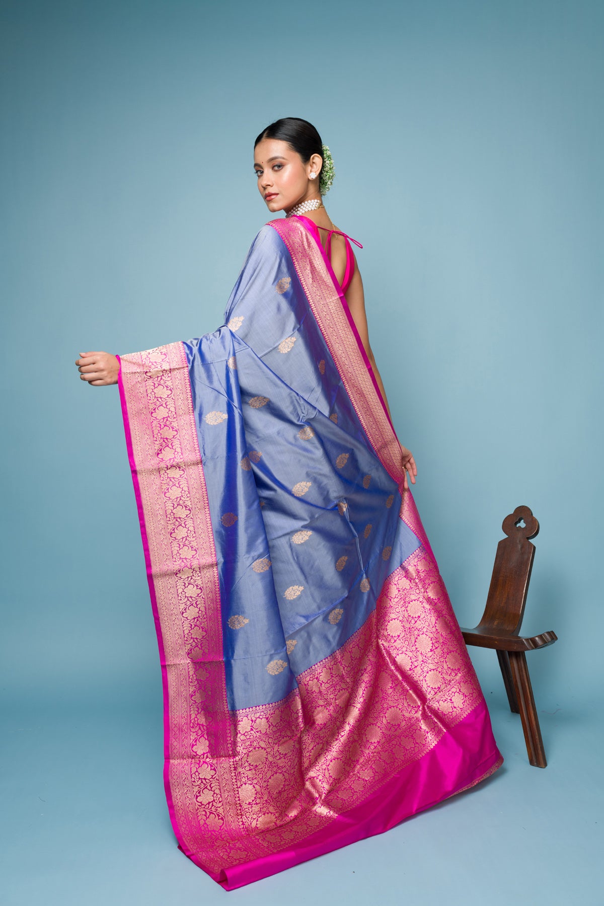 Blue Pink Pure Tissue Silk Banarasi Handloom Saree with Zari work