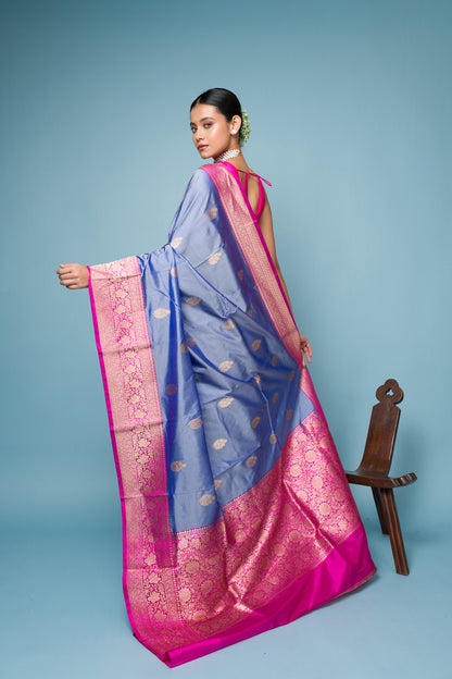 Blue Pink Pure Tissue Silk Banarasi Handloom Saree with Zari work