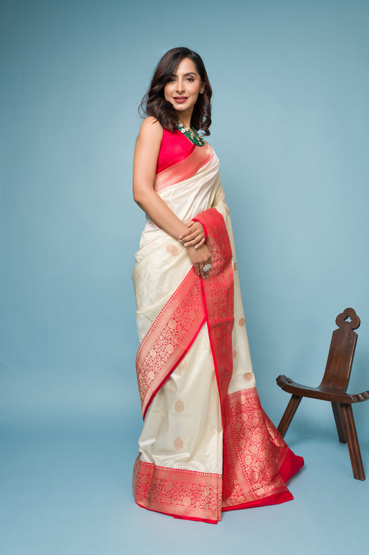 White Red Pure Katan Silk Banarasi Handloom Saree with Zari work