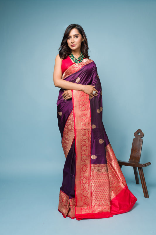 Red Wine Pure Katan Silk Banarasi Handloom Saree with Zari work