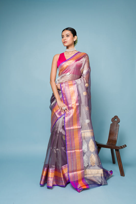 Pink Grey Pure Tissue Silk Banarasi Handloom Saree with Zari work