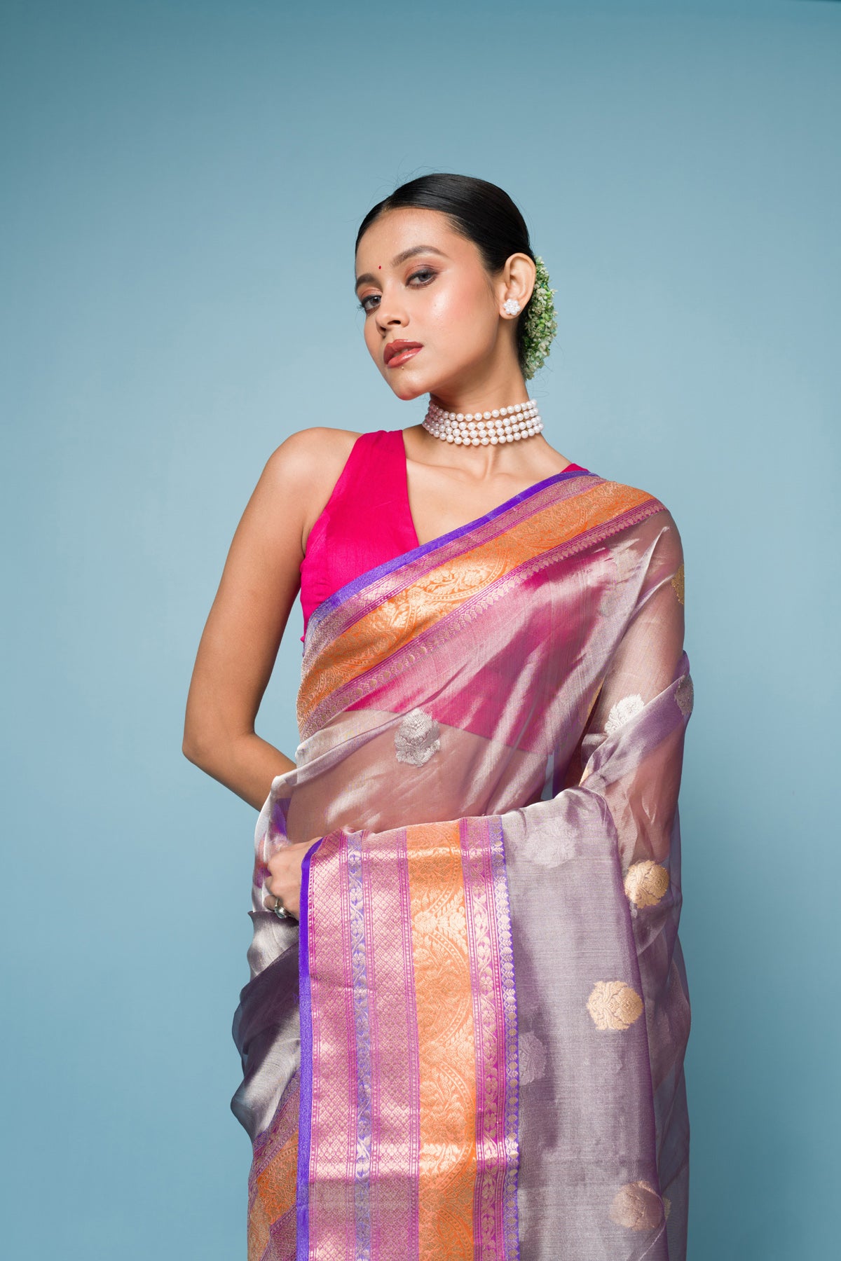 Pink Grey Pure Tissue Silk Banarasi Handloom Saree with Zari work