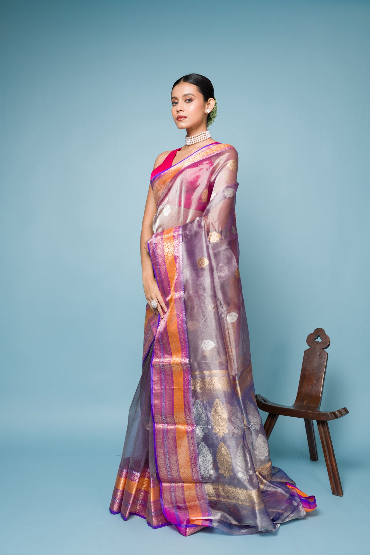 Pink Grey Pure Tissue Silk Banarasi Handloom Saree with Zari work