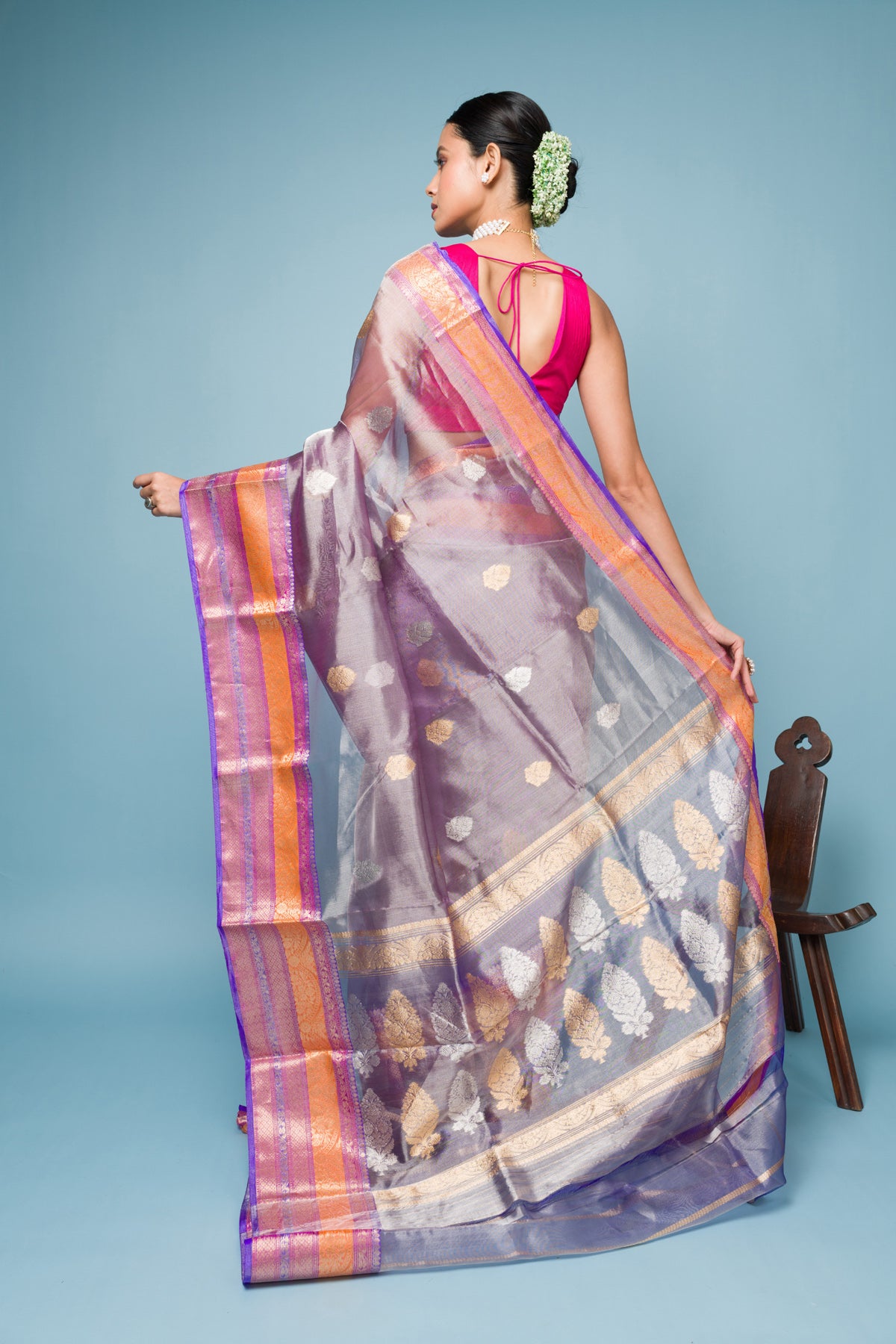 Pink Grey Pure Tissue Silk Banarasi Handloom Saree with Zari work