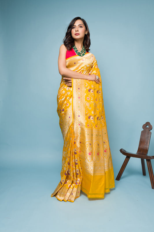 Yellow Meena Pure Katan Silk Banarasi Handloom Saree with Zari work