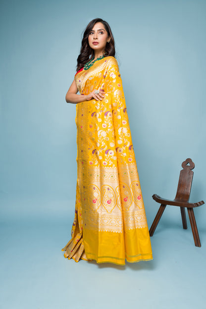 Yellow Meena Pure Katan Silk Banarasi Handloom Saree with Zari work