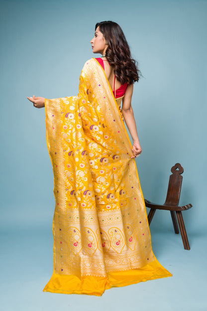 Yellow Meena Pure Katan Silk Banarasi Handloom Saree with Zari work