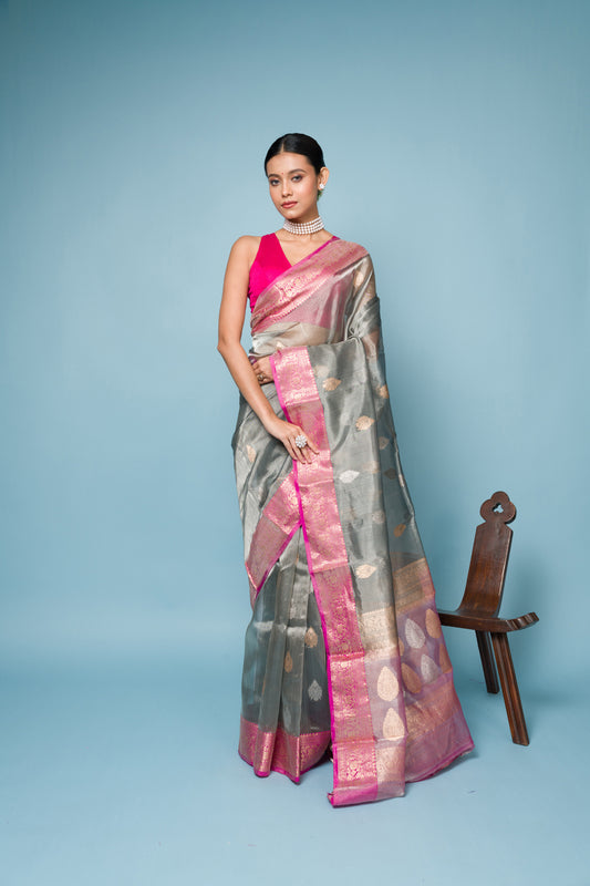 Pink Grey Pure Tissue Silk Banarasi Handloom Saree with Zari work