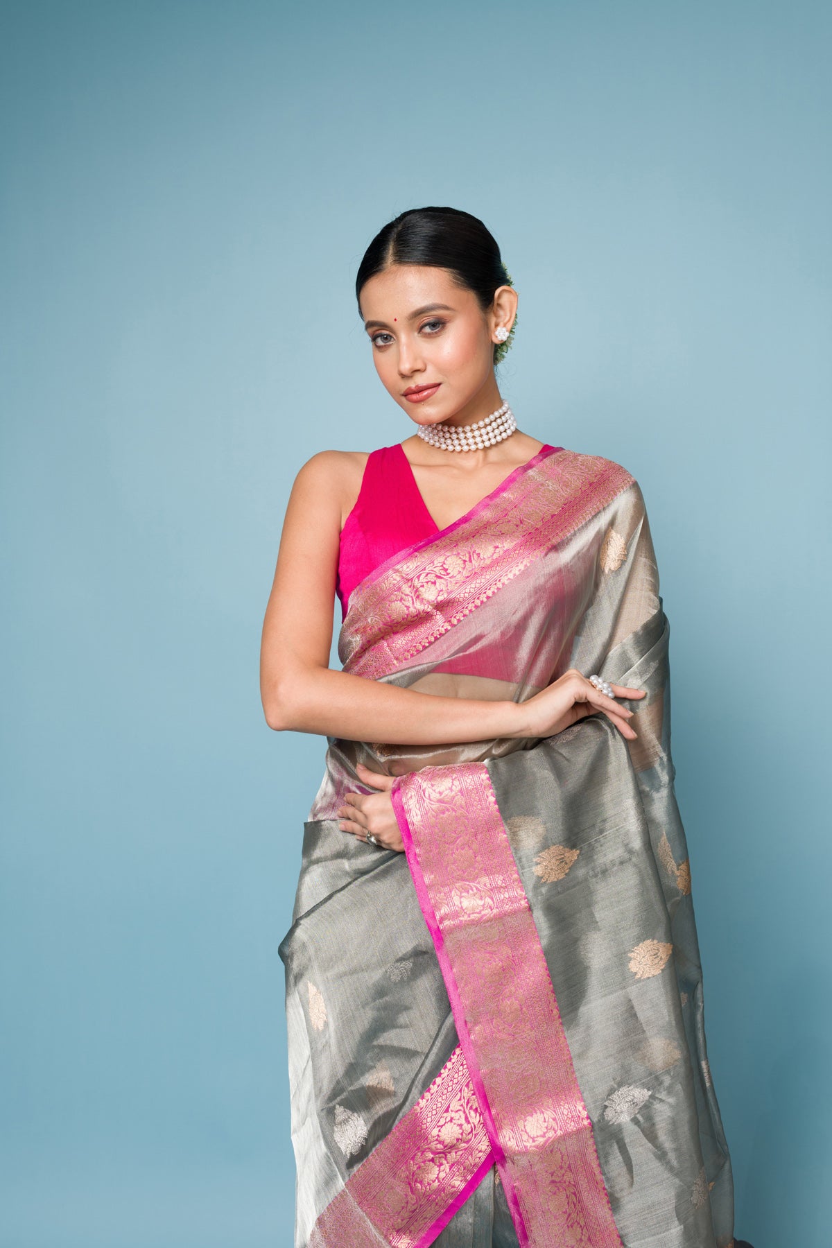 Pink Grey Pure Tissue Silk Banarasi Handloom Saree with Zari work