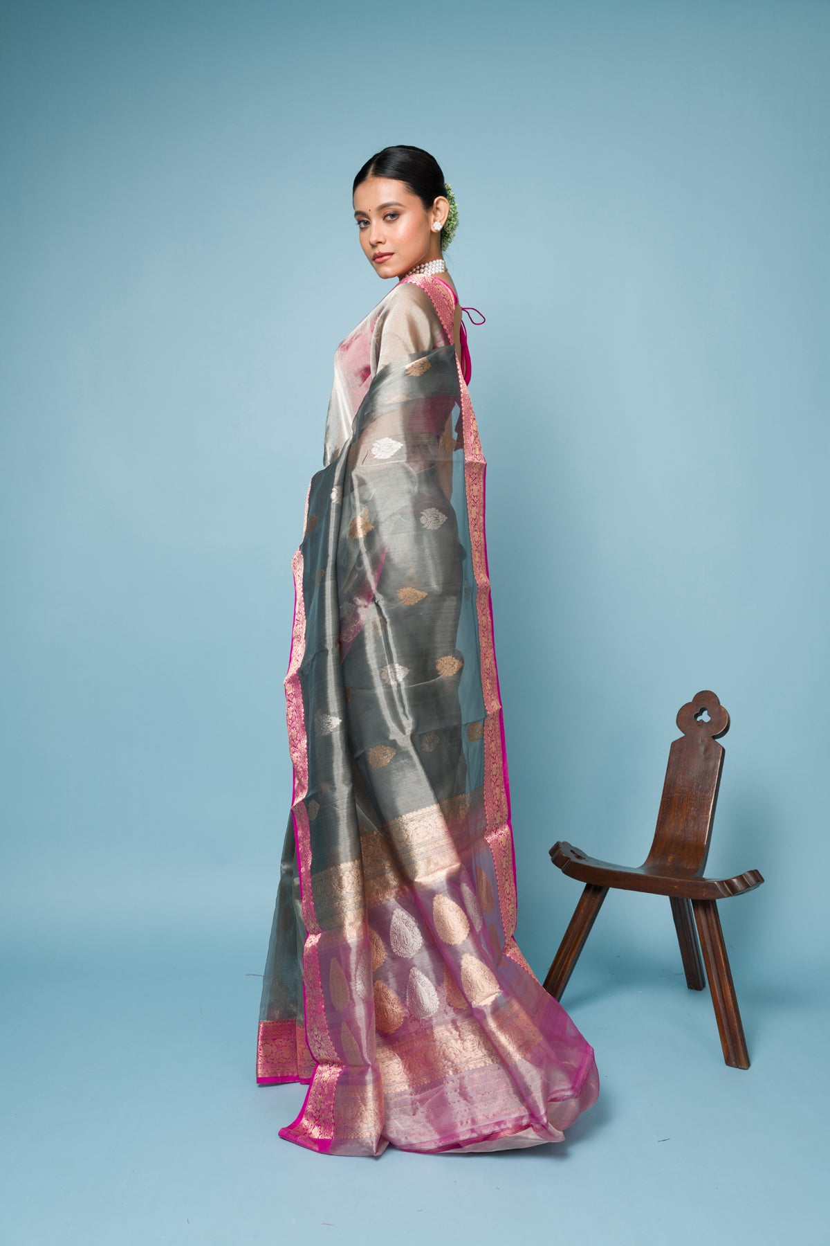 Pink Grey Pure Tissue Silk Banarasi Handloom Saree with Zari work