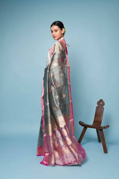 Pink Grey Pure Tissue Silk Banarasi Handloom Saree with Zari work