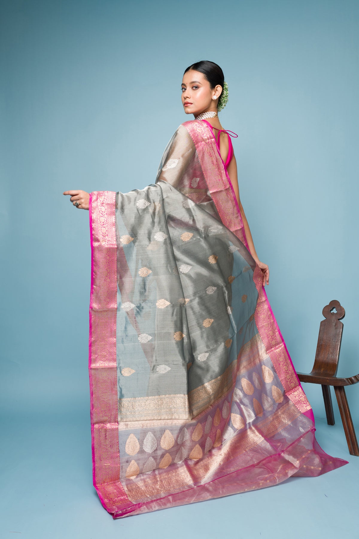 Pink Grey Pure Tissue Silk Banarasi Handloom Saree with Zari work