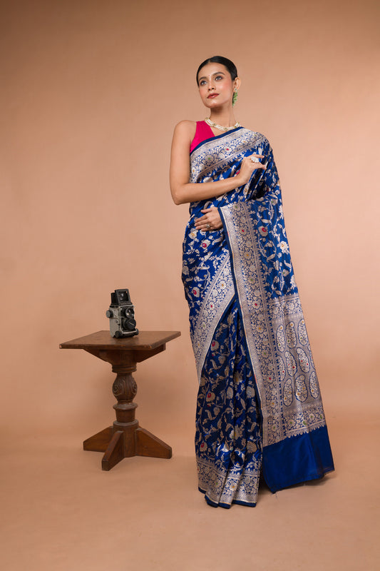 Blue Meena Pure Katan Silk Banarasi Handloom Saree with Zari work