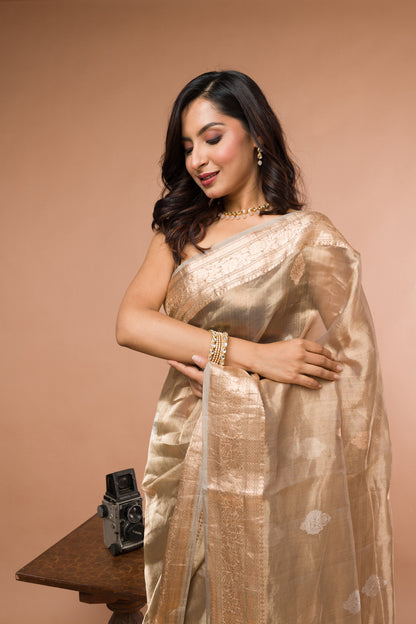 Pestel color Pure Tissue Silk Banarasi Handloom Saree with Zari work