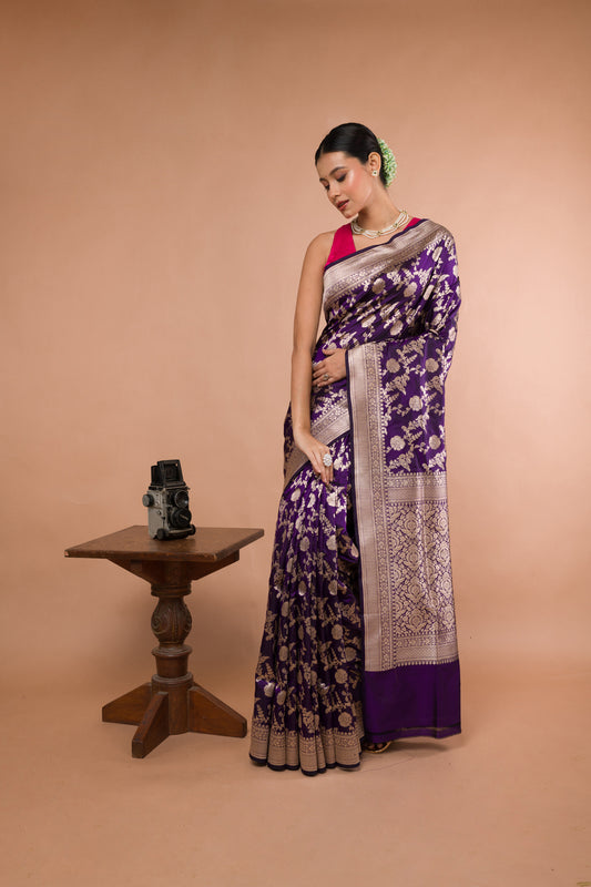 Black Purple Pure Katan Silk Banarasi Handloom Saree with Zari work