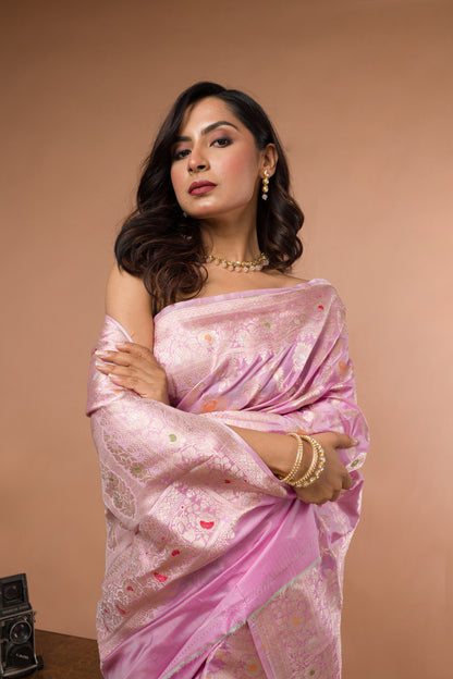 Pink Pure Katan Silk Banarasi Handloom Saree with Zari work