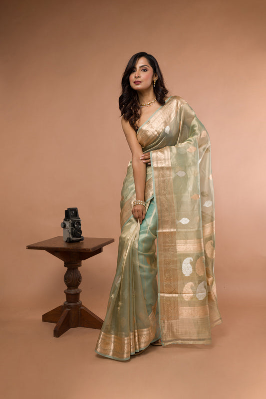 Pista Pure Tissue Silk Banarasi Handloom Saree with Zari work