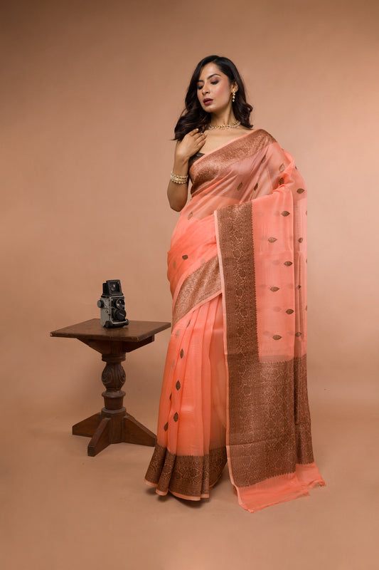 Peach Pure Organza Silk Banarasi Handloom Saree with Zari work